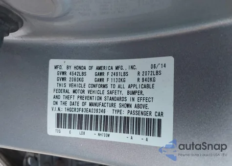 2014 Honda Accord Ex-L V-6 из США, поврежденный, VIN 1HGCR3F83EA039346